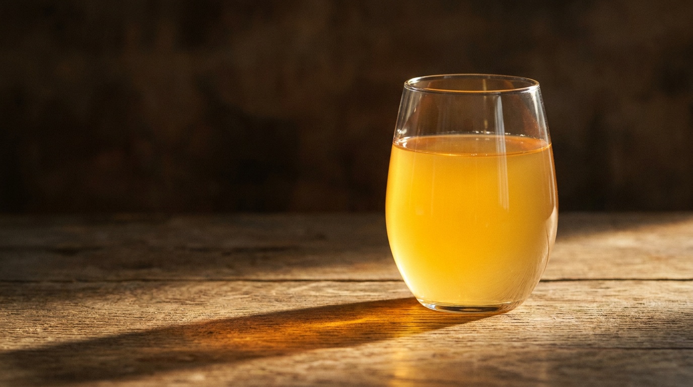 A stemless glass of hazy golden cider on a weathered oak table, low afternoon light glowing amber through it