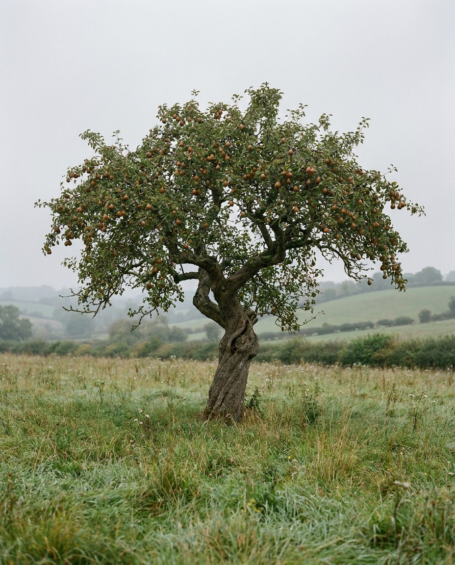 An old, broad perry pear tree hung with small pears, standing in long grass in a Herefordshire orchard in early autumn