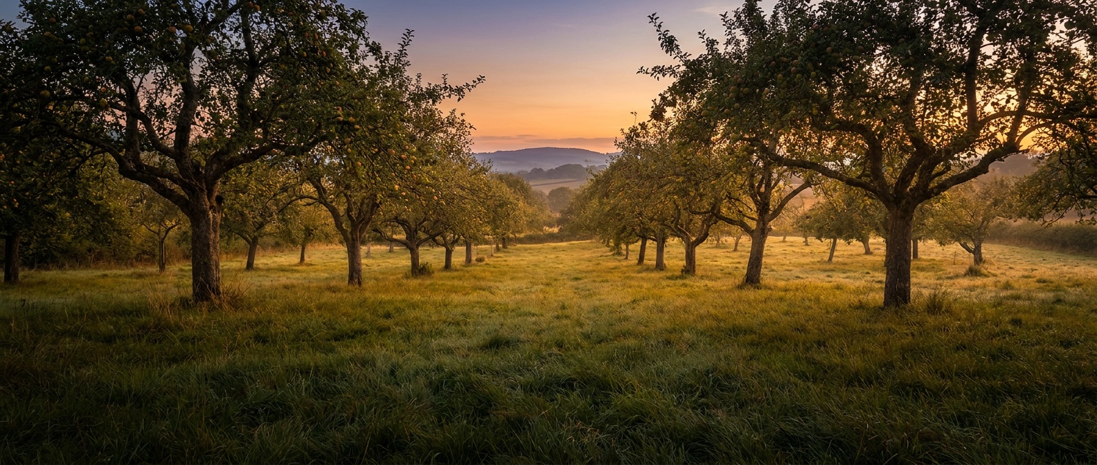 Rows of old apple trees across rolling grassland in a Herefordshire cider orchard at golden hour, low hills beyond